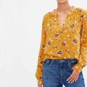 GAP Light Flowy Split V-neck Boho Blouse Yellow Floral Sz XXL